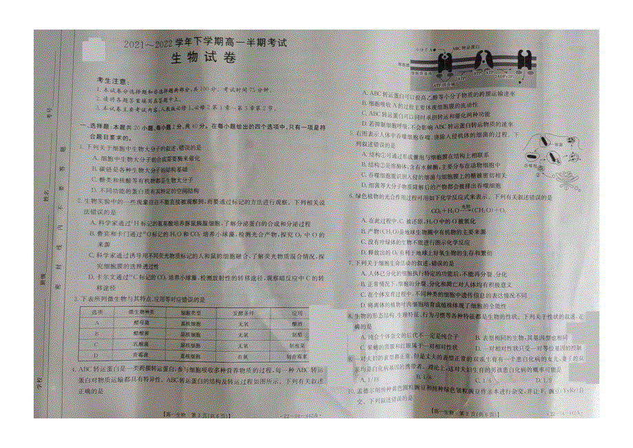 贵州省凤冈县2021-2022学年高一下学期 期中考试 生物试题 PDF版缺答案.pdf_第1页