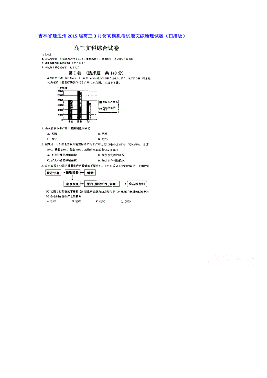 吉林省延边州2015届高三3月仿真模拟考试题文综地理试题 扫描版含答案.doc_第1页