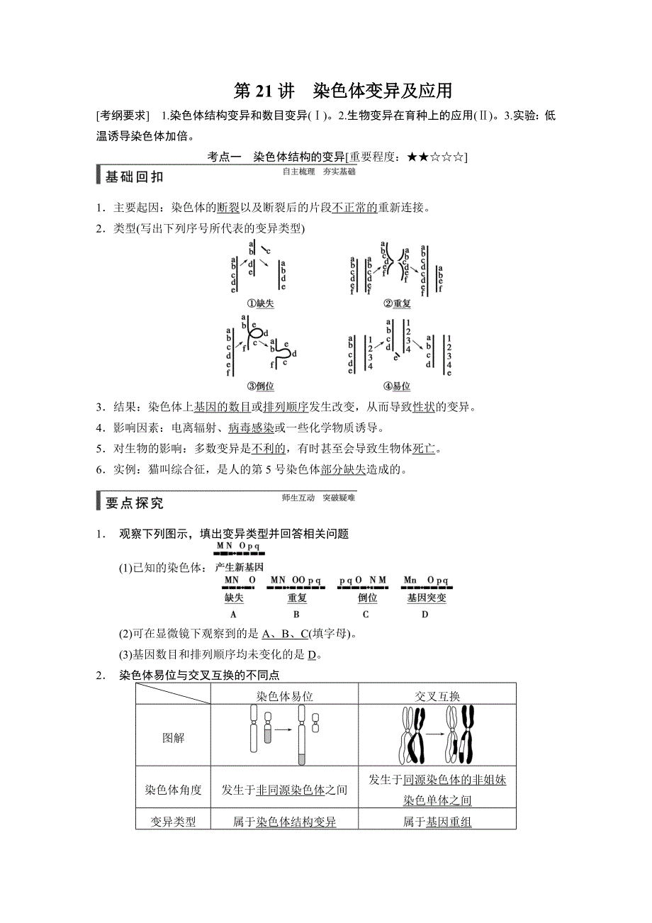 《步步高》2015高考生物（苏教版）一轮配套文档：第21讲 染色体变异及应用.doc_第1页