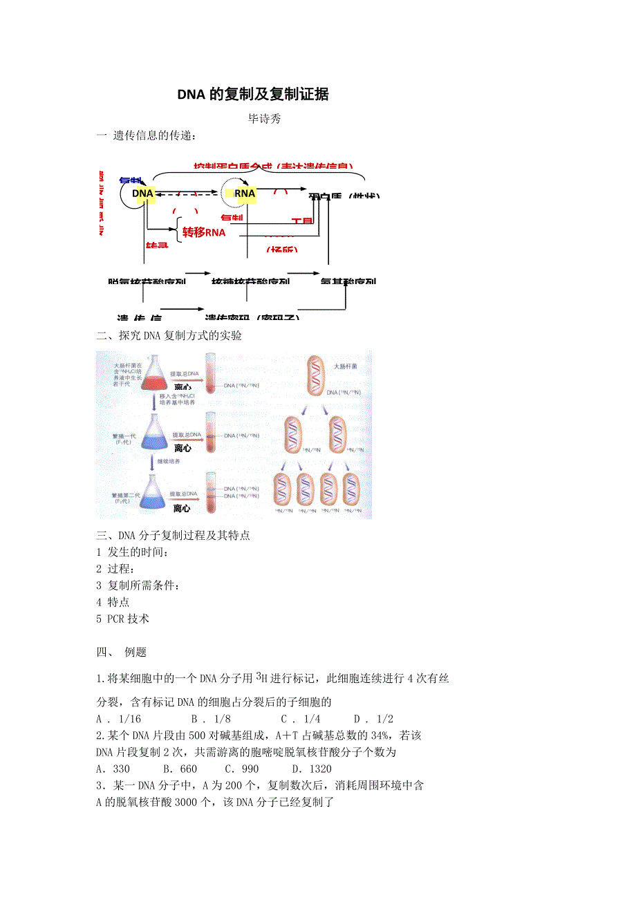 北京市第四中学高考生物总复习学案：遗传与进化——遗传的分子基础 DNA的复制及复制证据 .doc_第1页