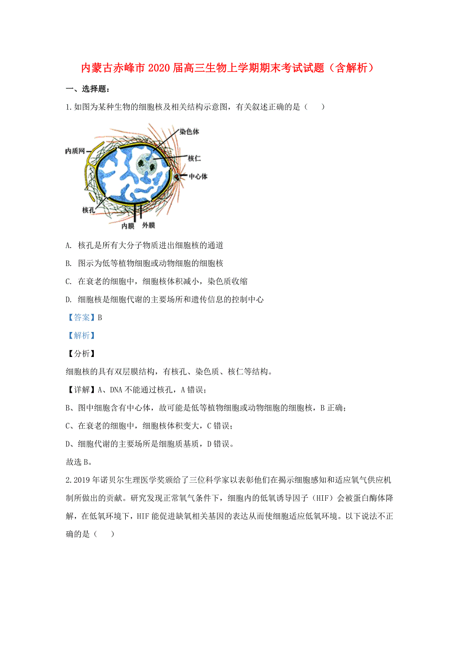 内蒙古赤峰市2020届高三生物上学期期末考试试题（含解析）.doc_第1页