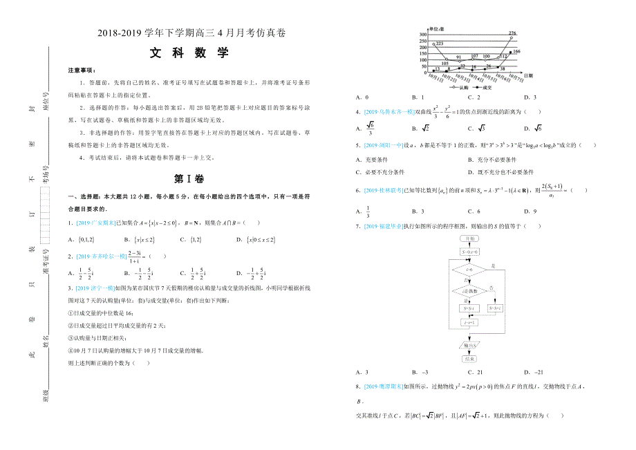 吉林省四平四中2018-2019学年下学期高三4月月考文科数学- WORD版含答案.doc_第1页