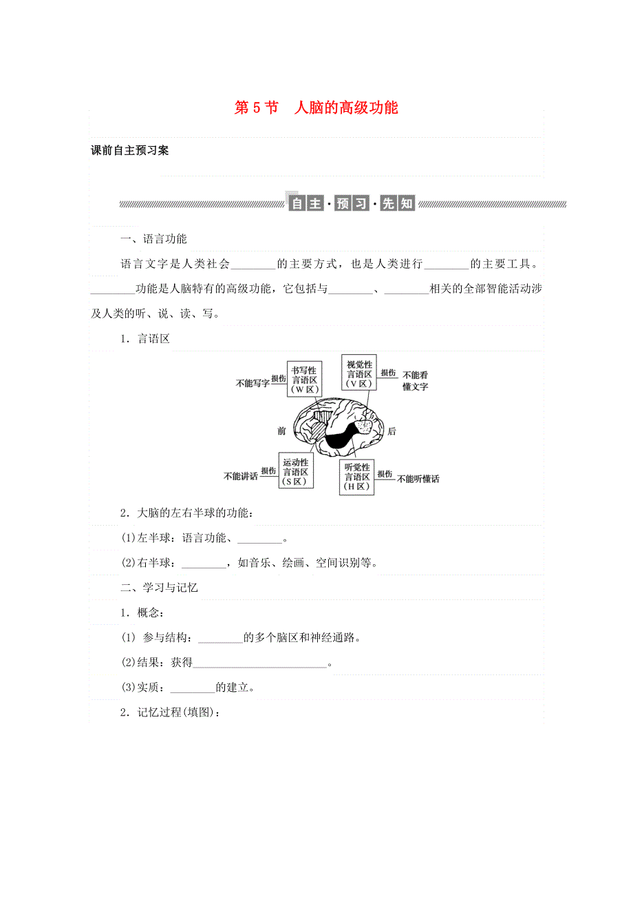 2020-2021学年新教材高中生物 第2章 神经调节 第5节 人脑的高级功能课前习题（含解析）新人教版选择性必修1.doc_第1页