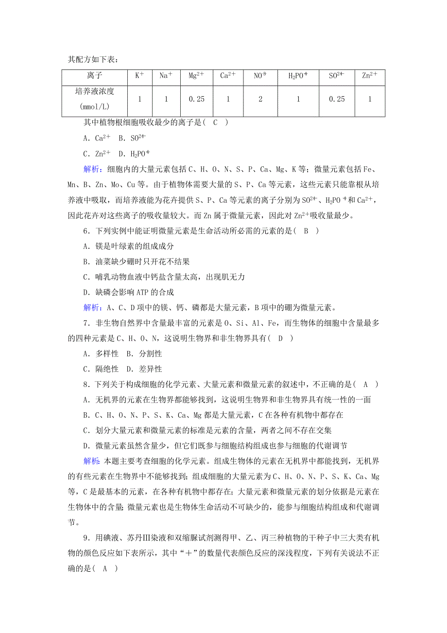 2020-2021学年新教材高中生物 第2章 组成细胞的分子 1 细胞中的元素和化合物课后作业（含解析）新人教版必修1.doc_第2页