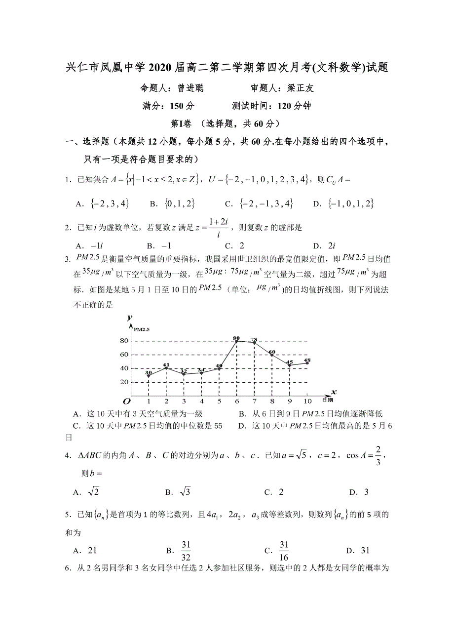 贵州省兴仁市凤凰中学2018-2019学年高二下学期第四次月考（期末）数学（文）试题 WORD版含答案.doc_第1页