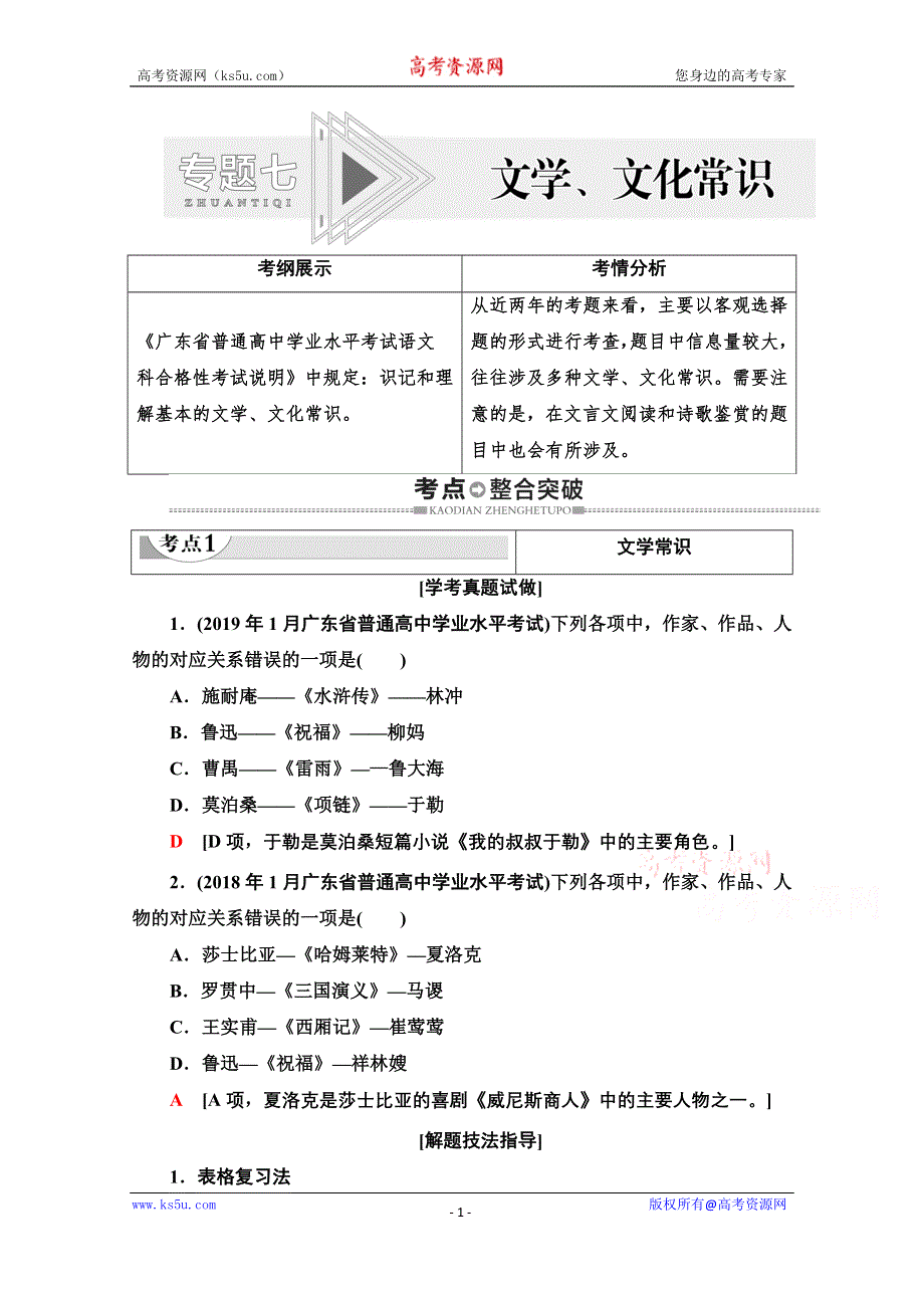 2021广东省高三语文学业水平合格考试总复习教师用书：第1部分 专题7 文学、文化常识.doc_第1页