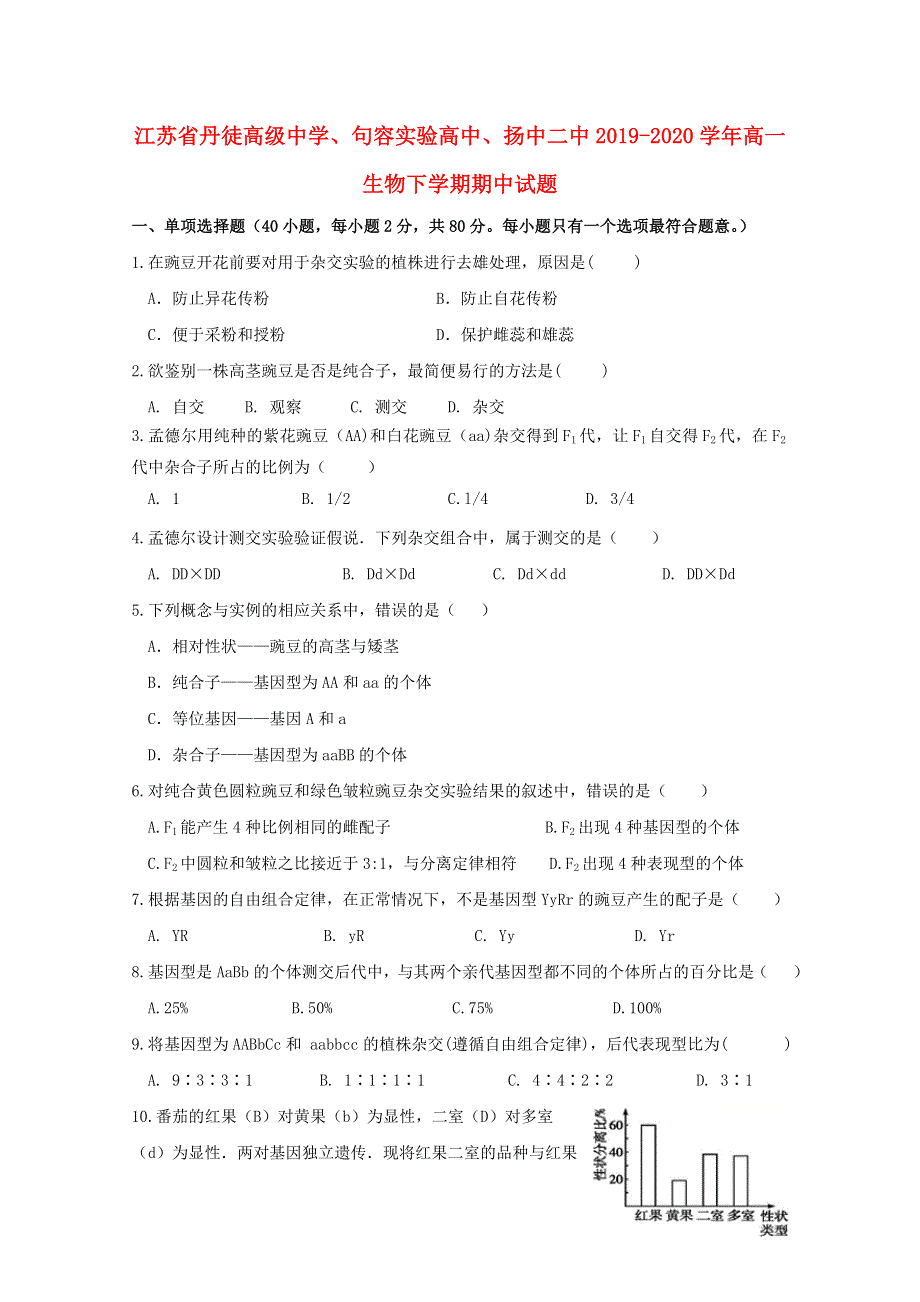 江苏省丹徒高级中学、句容实验高中、扬中二中2019-2020学年高一生物下学期期中试题.doc_第1页