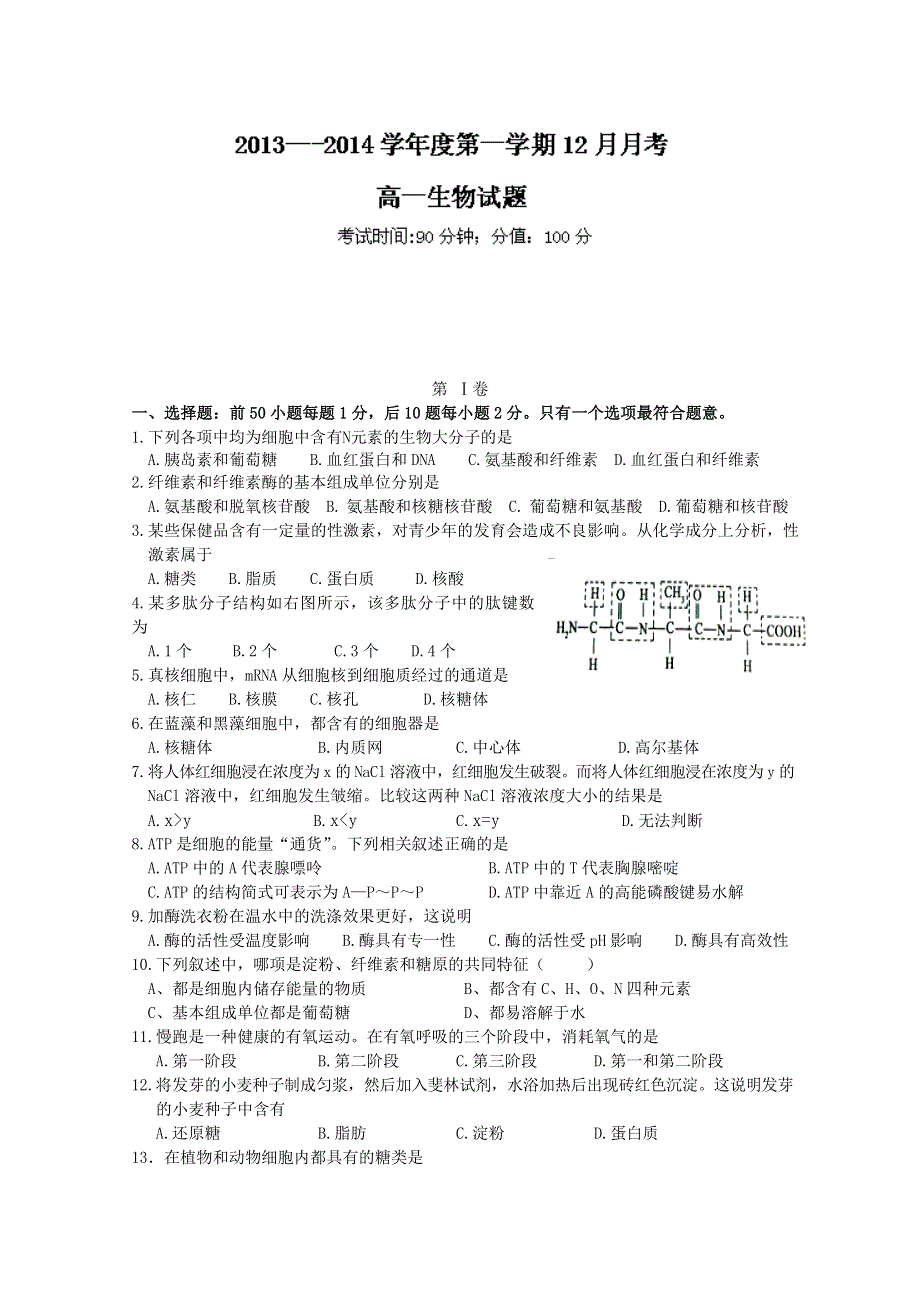 河北省保定市高阳中学2013-2014学年高一12月月考 生物试题 WORD版含答案.doc_第1页