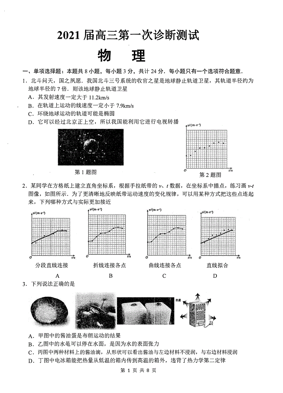 江苏省南通市通州区2021届高三第一次诊断测试物理试卷 PDF版含答案.pdf_第1页