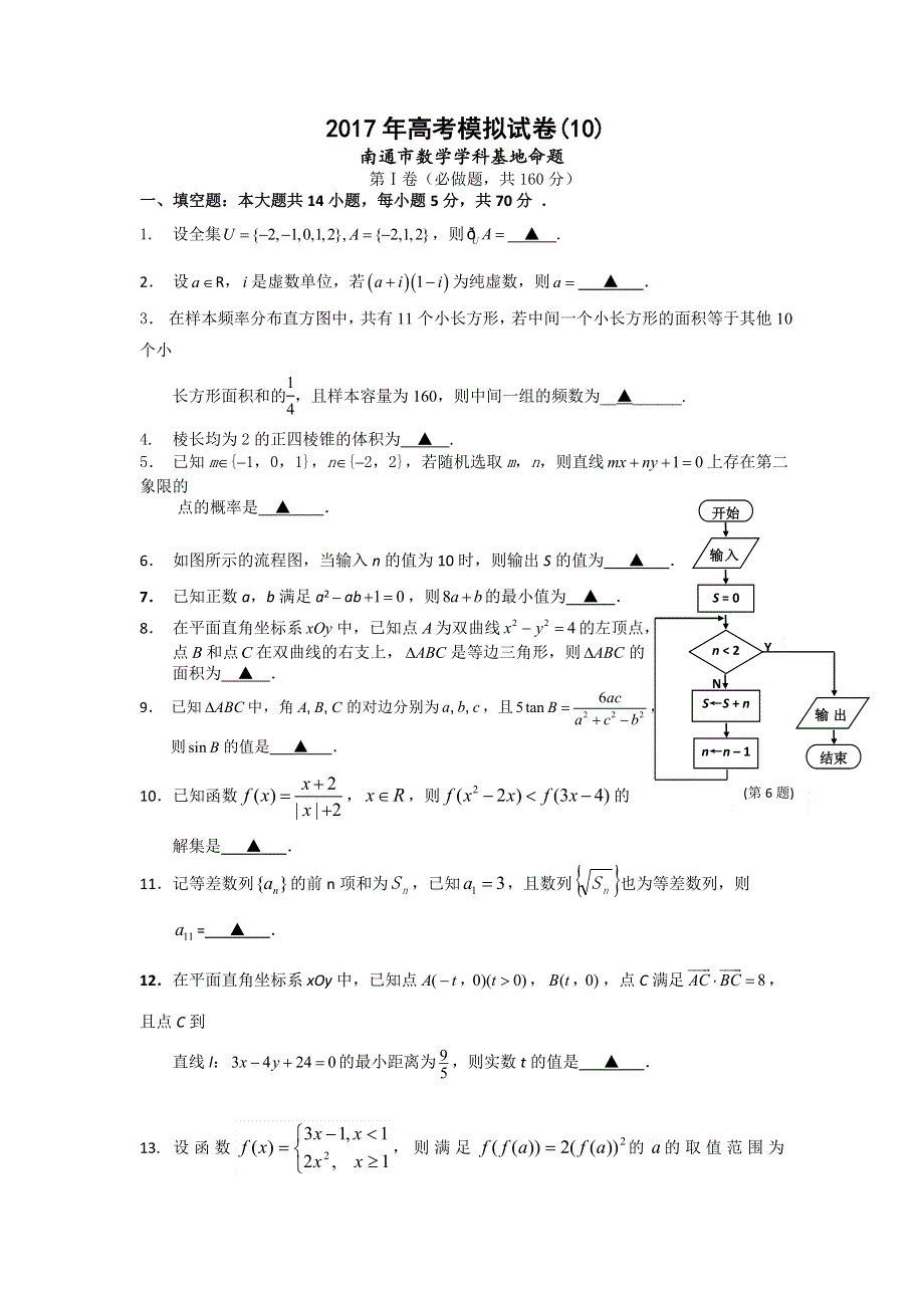 江苏省南通市（数学学科基地命题）2017年高考模拟试卷（10） WORD版含答案.doc_第1页