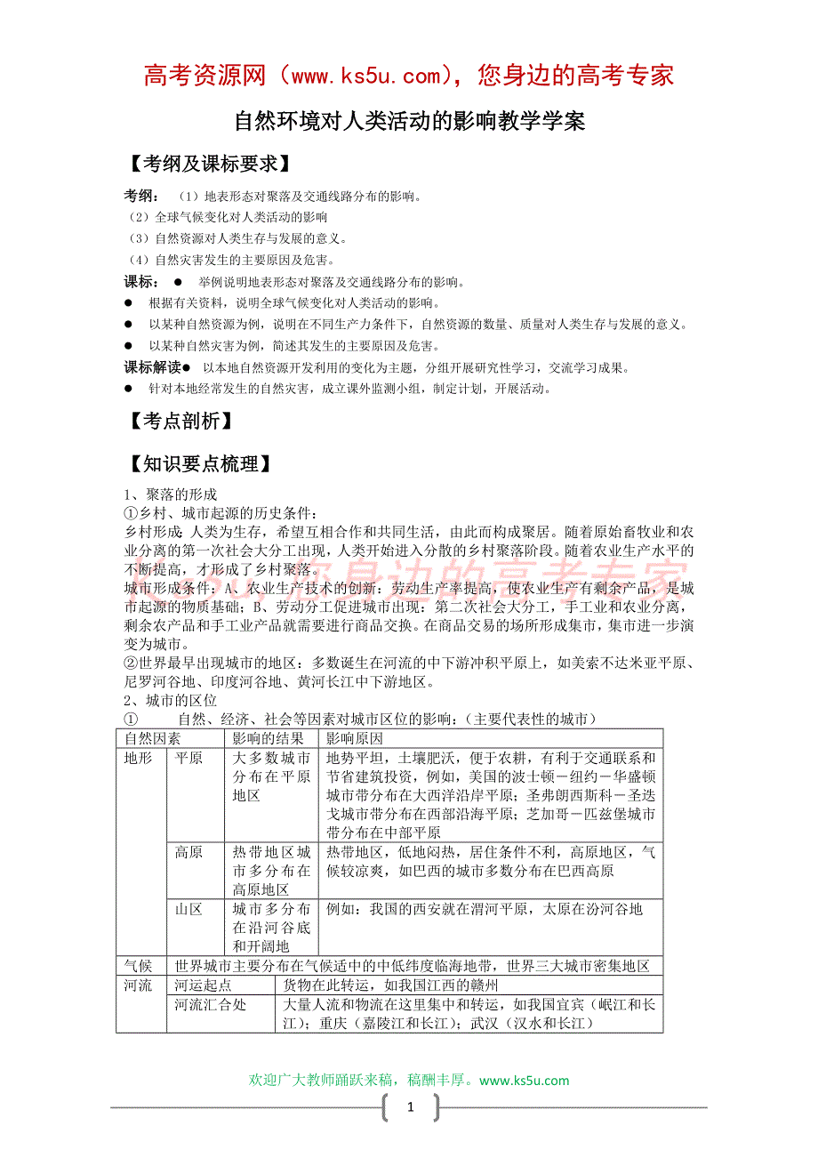 地理：《自然环境对人类活动的影响》教学学案.doc_第1页