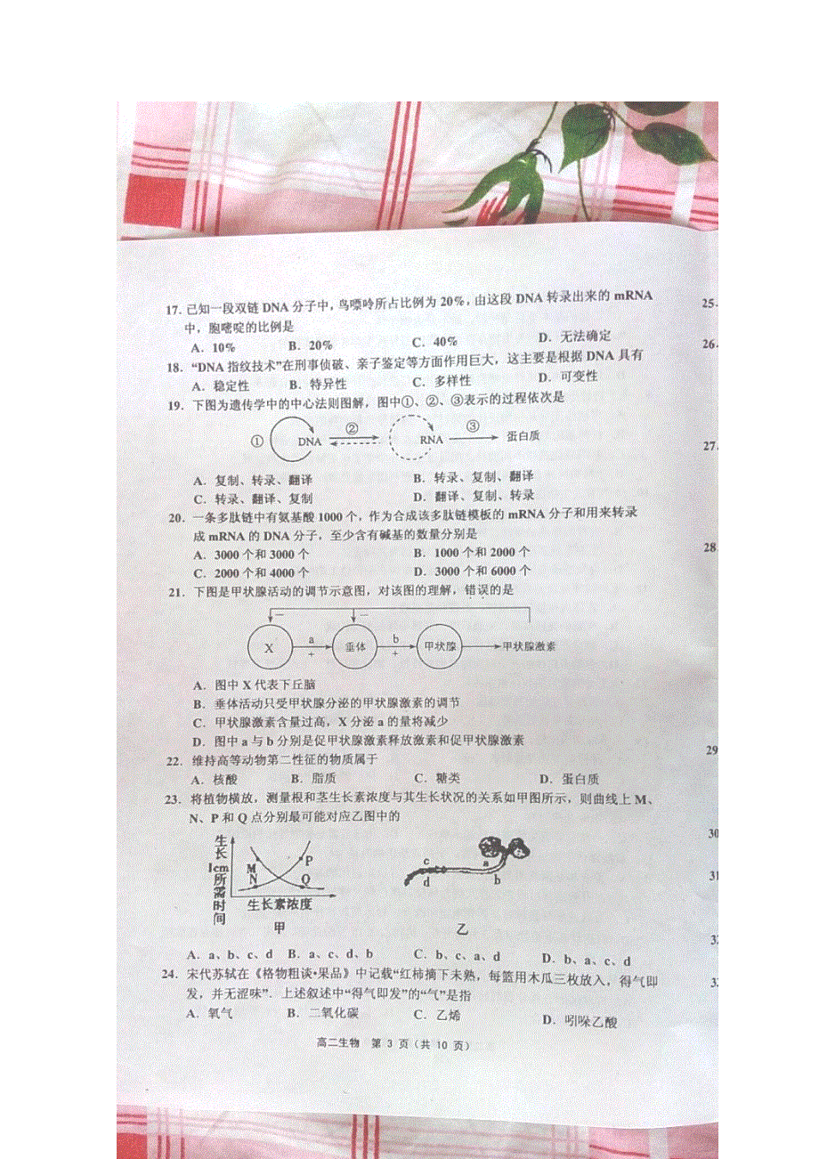 天津市蓟县2015-2016学年高二下学期期中考试生物试题 扫描版含答案.doc_第3页