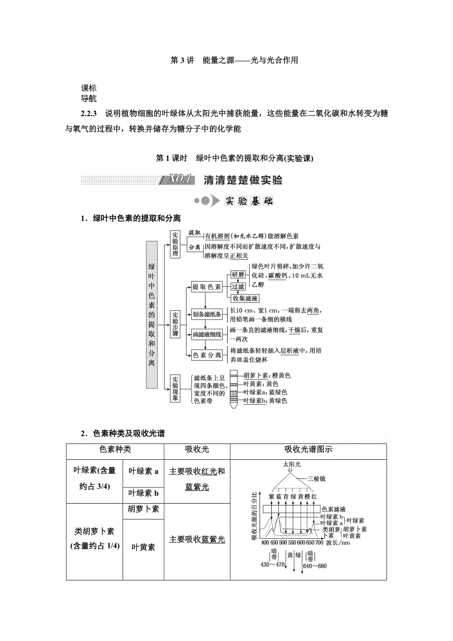 2022高三新高考生物人教版一轮学案：必修一 第三单元 第3讲 第1课时　绿叶中色素的提取和分离（实验课） WORD版含解析.doc_第1页