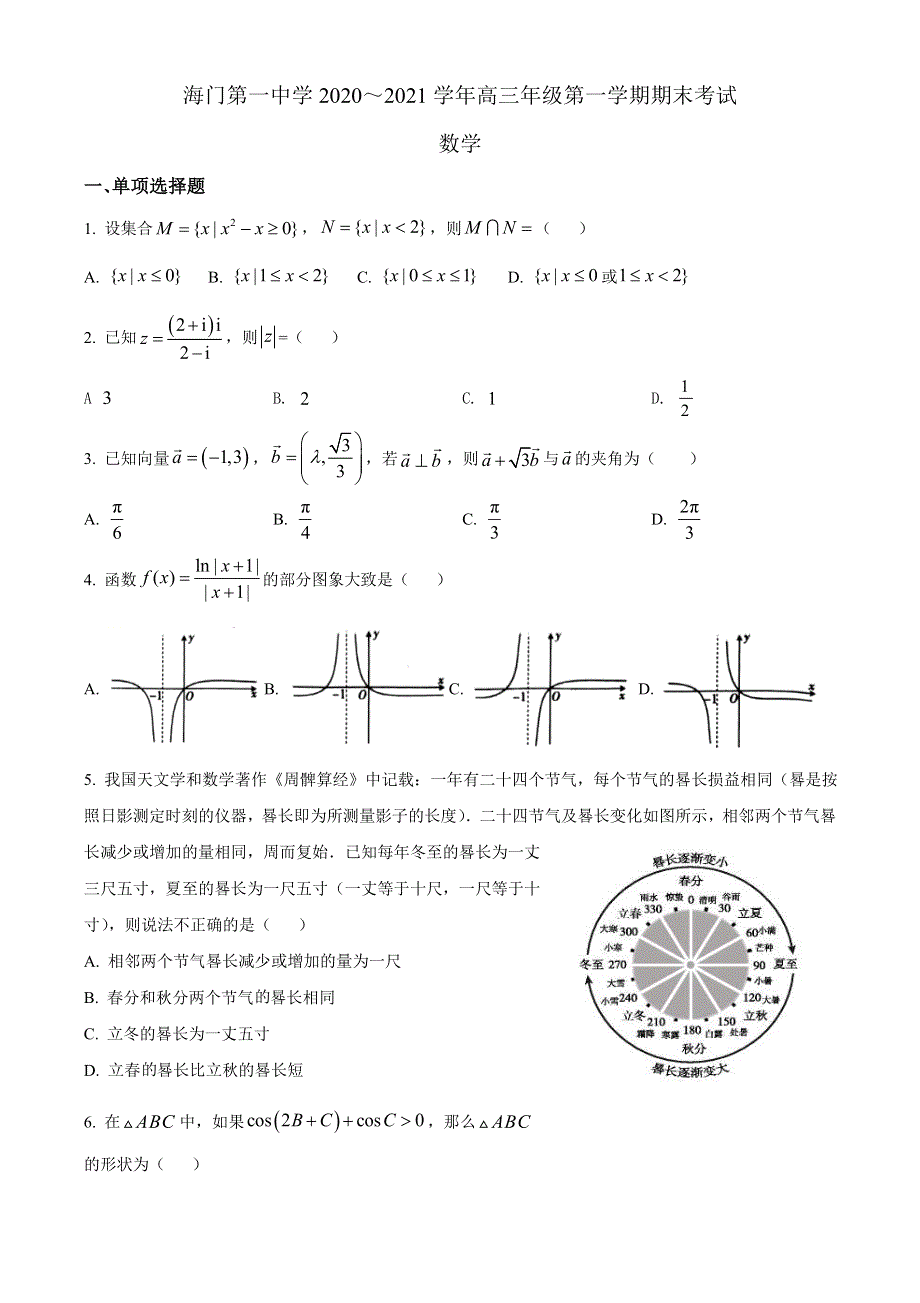 江苏省南通市海门市第一中学2021届高三上学期期末考试数学试题 WORD版含答案.doc_第1页