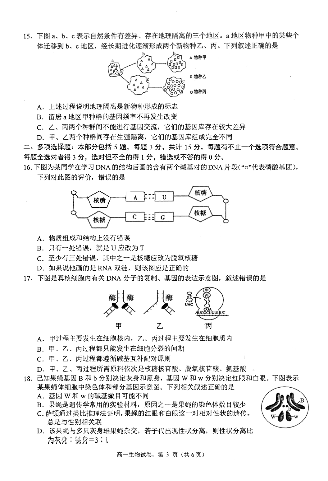 江苏省南通市通州区2019-2020学年高一下学期期末学业质量监测生物试题 PDF版含答案.pdf_第3页