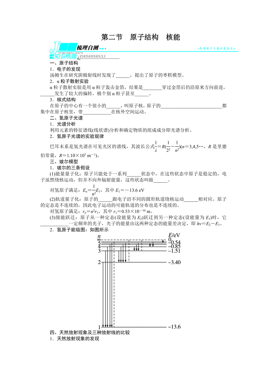 2014届高考物理（浙江专用）一轮复习教学案：IB部分选修3－5第十五章 近代物理初步第二节原子结构核能.doc_第1页