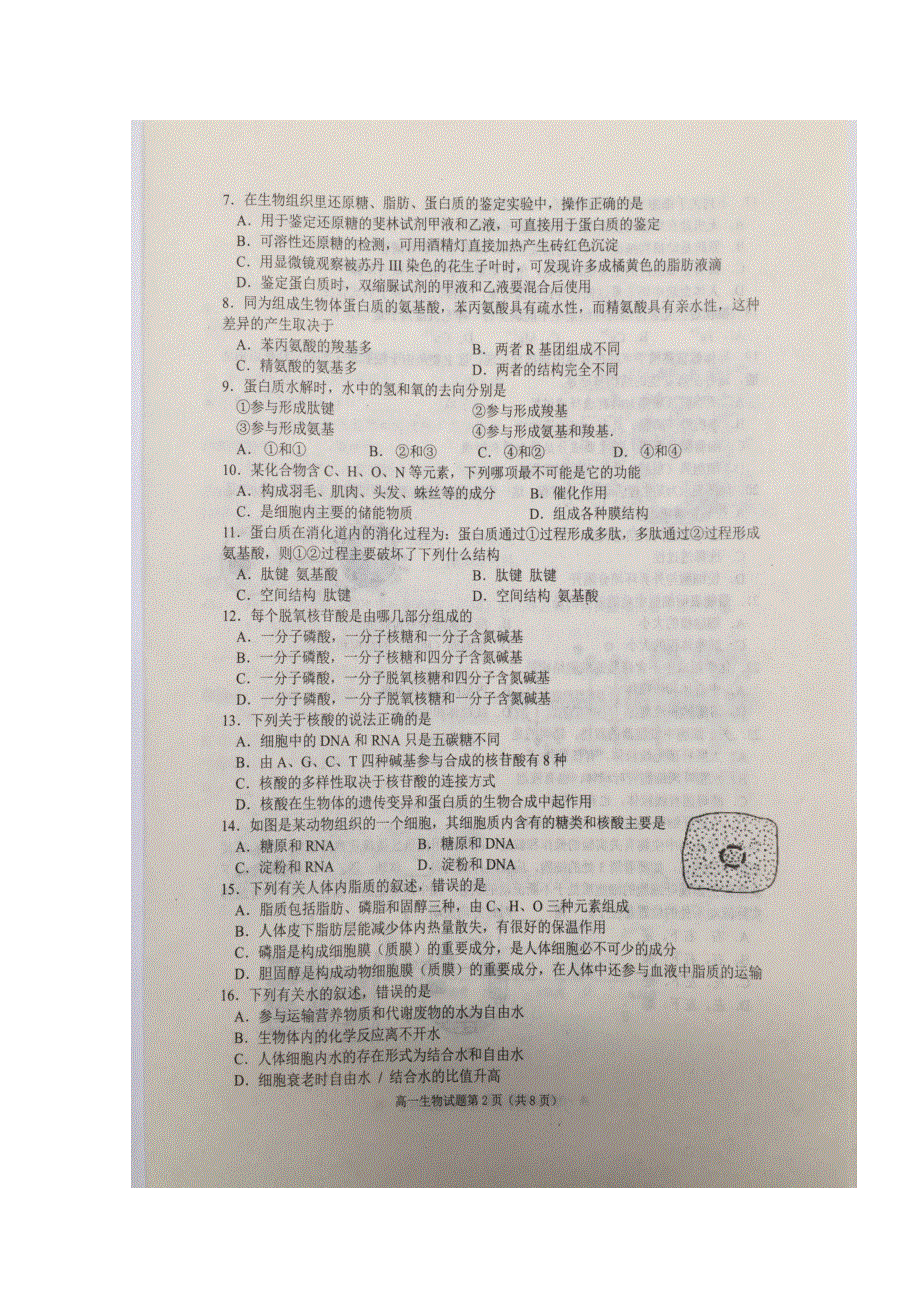 山东省邹城市2018-2019学年高一上学期期中考试生物试题 扫描版含答案.doc_第2页