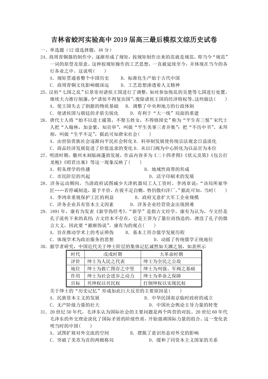 吉林省蛟河实验高中2019届高三最后模拟文综历史试卷 WORD版含答案.doc_第1页