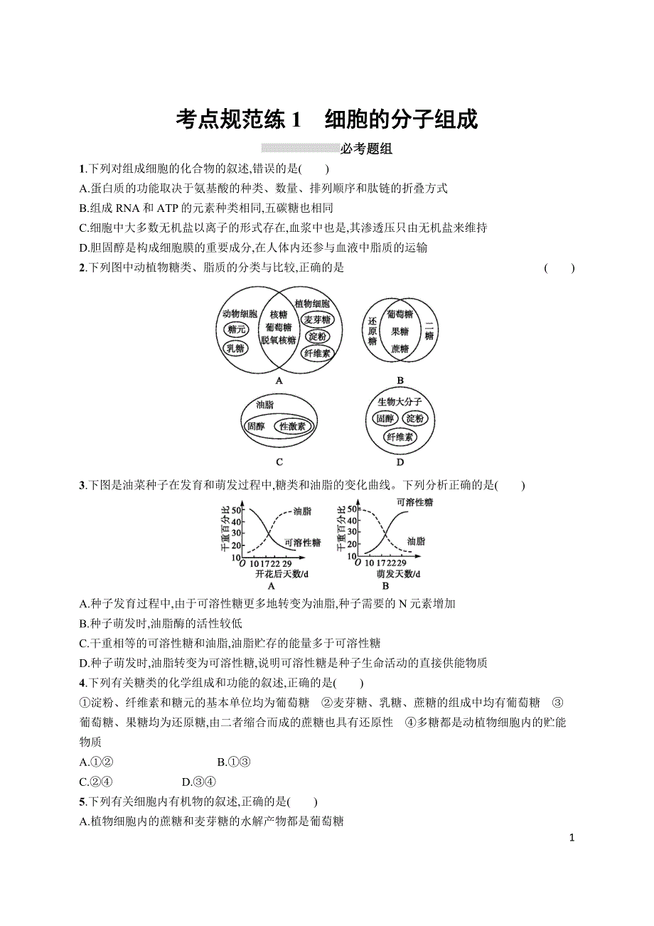 《高优设计》2017高考生物（浙科版）一轮复习考点规范练1 细胞的分子组成 WORD版含解析.docx_第1页