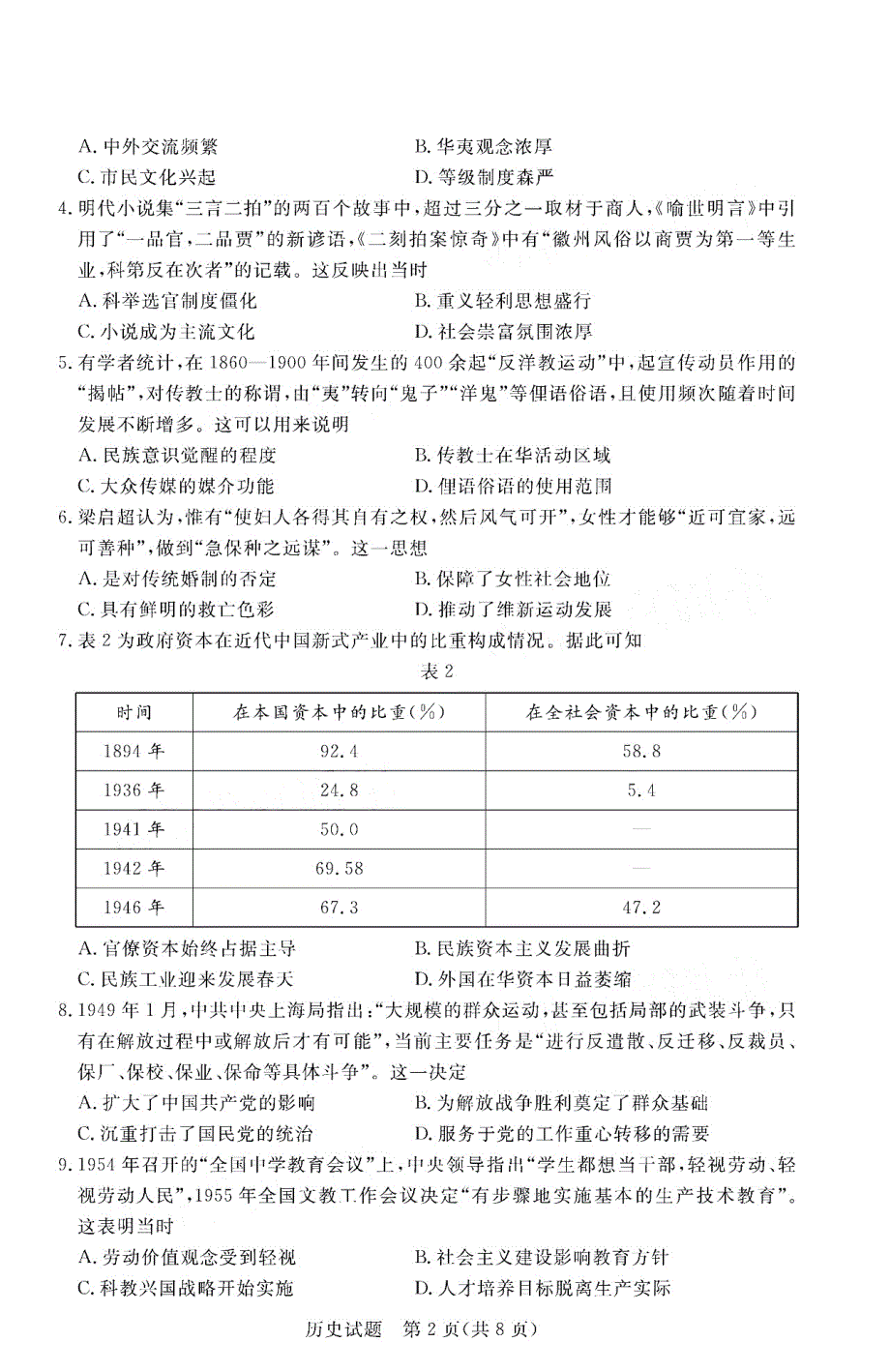 重庆市长寿川维中学校2021届高三高中毕业班调研测试历史试卷 PDF版含答案.pdf_第2页