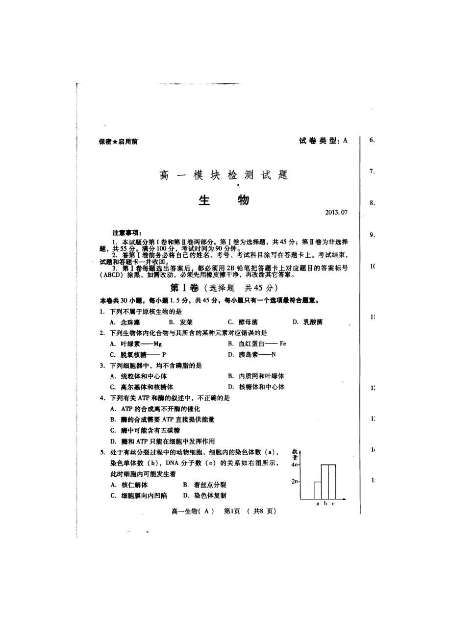 山东省诸城市2012-2013学年高一下学期期末考试生物试题 扫描版含答案.doc_第1页