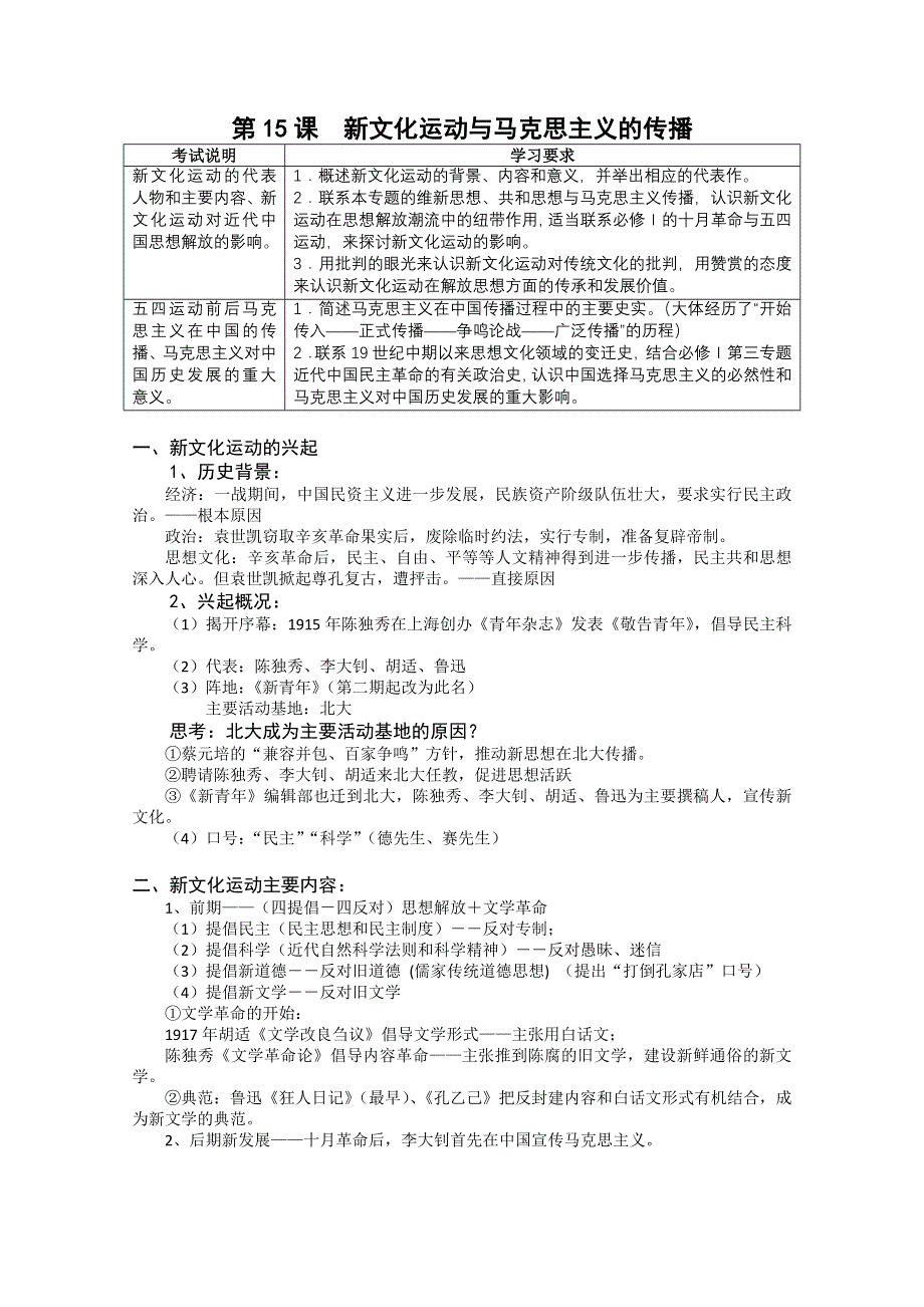 2012高二历史新人教版必修三学案 第15课新文化运动与马克思主义的传播.doc_第1页