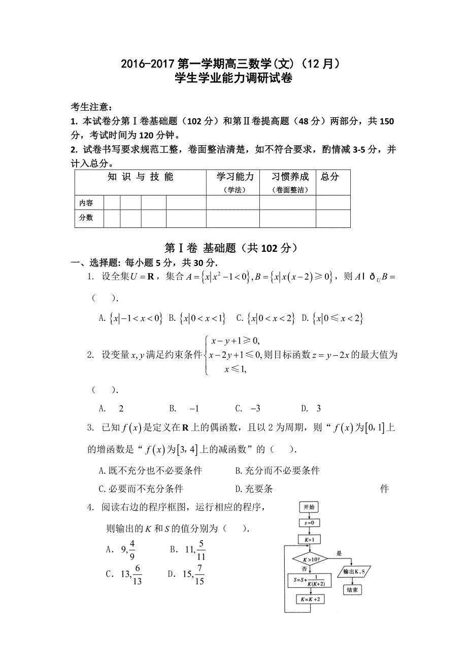 天津市静海一中2017届高三12月学生学业能力调研数学文试题 WORD版无答案.doc_第1页