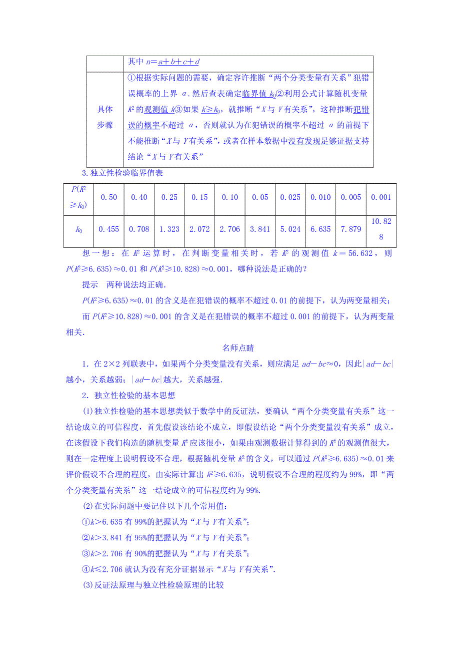 吉林省舒兰市第一中学高中数学人教A版选修1-2学案《1.2 独立性检验的基本思想及其初步应用》课上导学案 WORD版无答案.doc_第2页