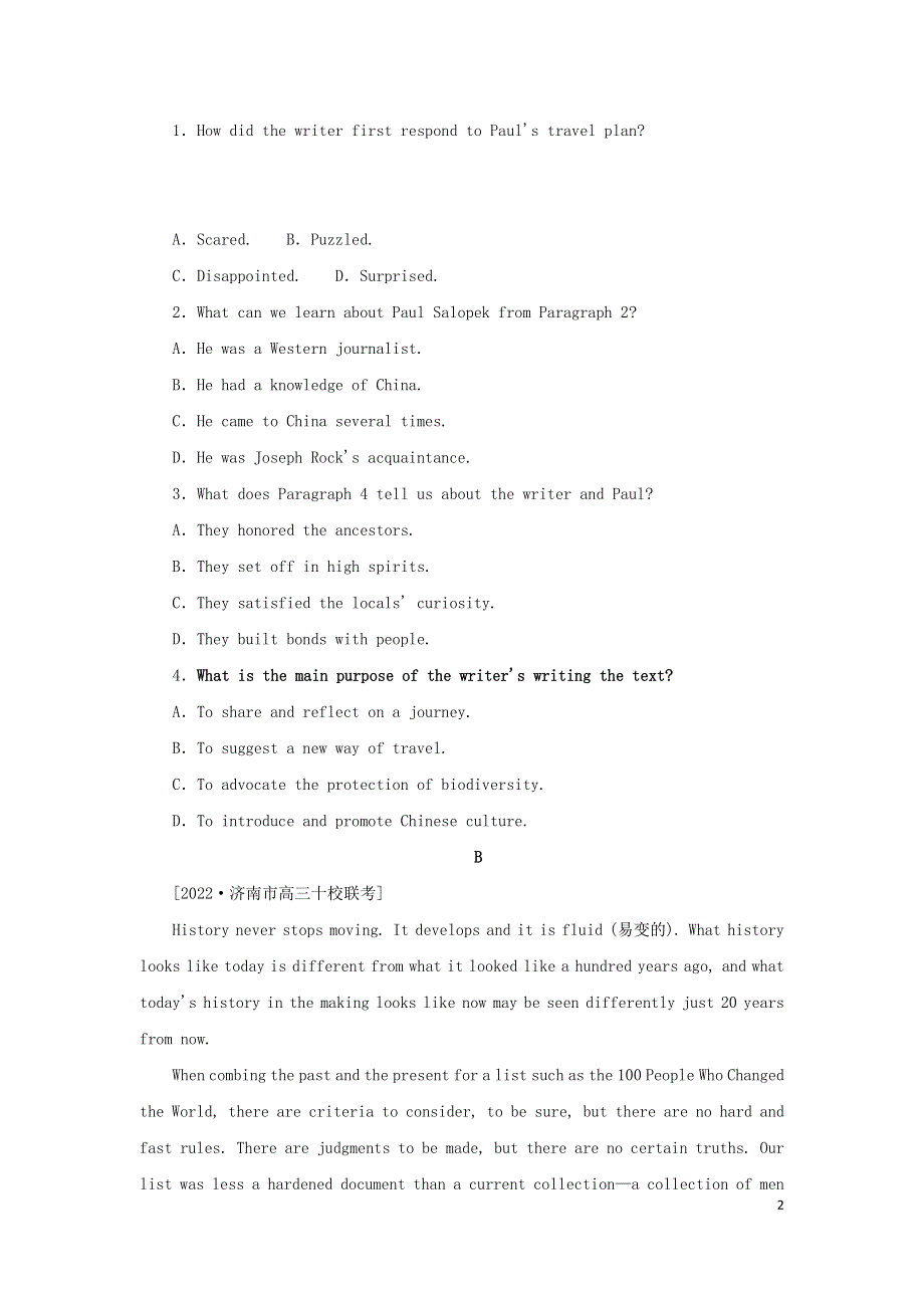 2023新教材高考英语二轮专题复习 阅读理解题型分类练（四）推理判断题——写作意图类.docx_第2页