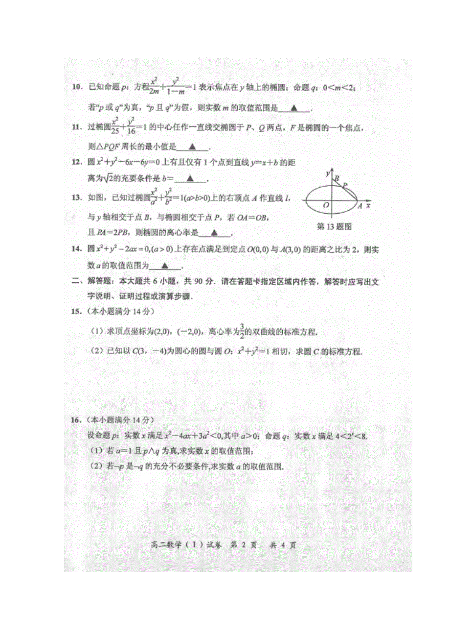 江苏省启东市2016-2017学年高二上学期期中考试数学试题 扫描版缺答案.doc_第2页