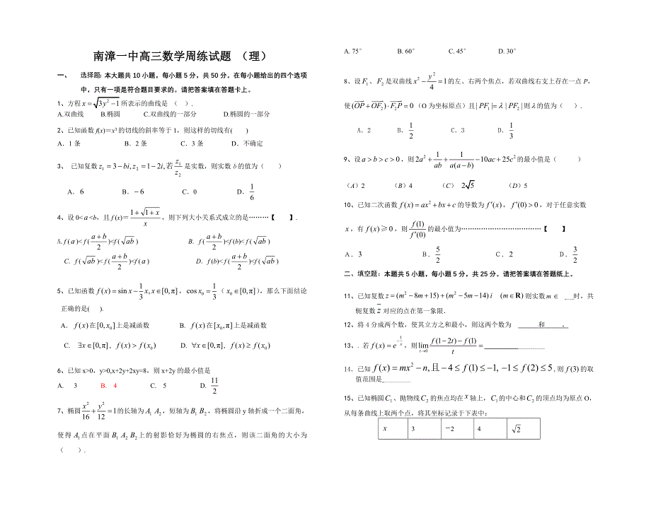 南漳一中高三周练试题 （数学理）.doc_第1页