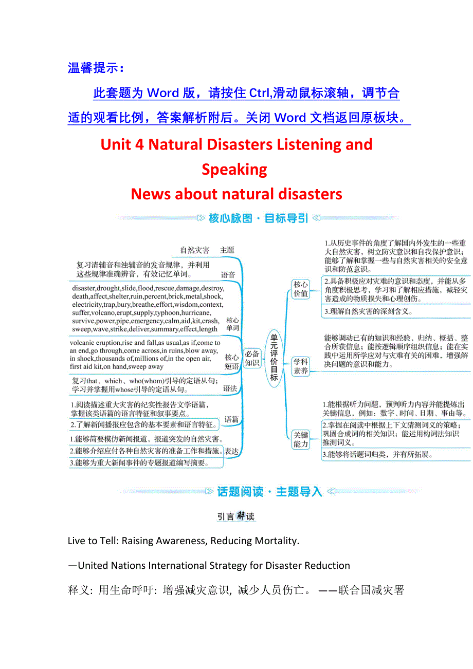 2021-2022学年新教材英语人教版必修第一册学案：UNIT 4—1 NATURAL DISASTERS LISTENING AND SPEAKING WORD版含解析.doc_第1页