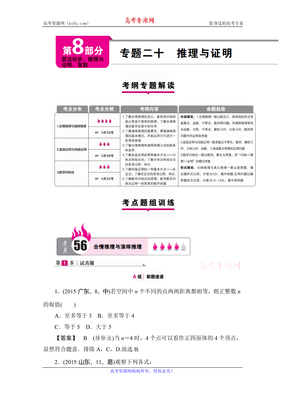 《高考一本解决方案》2016年理科数学考纲专题解读+考点题组训练：专题二十 推理与证明 WORD版含答案.doc_第1页