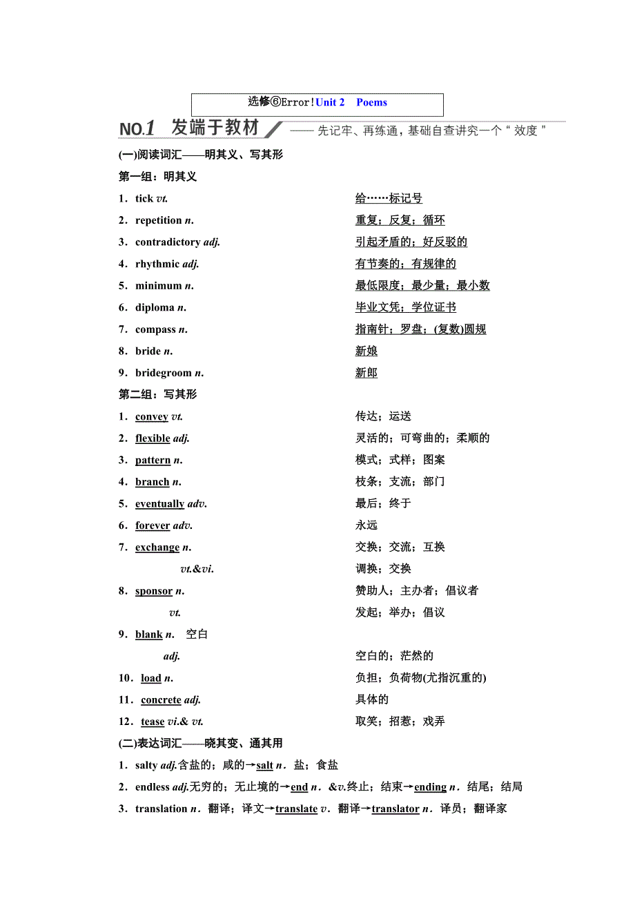 2022高考人教版英语一轮复习学案：选修⑥UNIT 2　POEMS WORD版含答案.doc_第1页