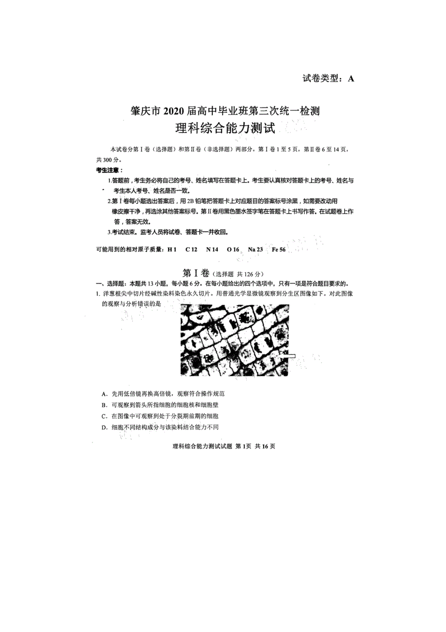 广东省肇庆市2020届高三理综第三次统一检测试题（扫描版）.doc_第1页