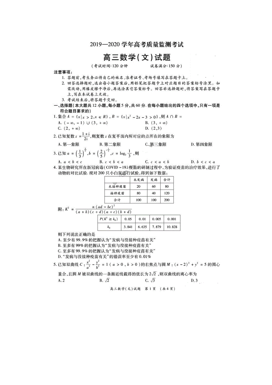 广东省肇庆市2020届高考数学下学期质量监测考试试题 文（扫描版）.doc_第1页