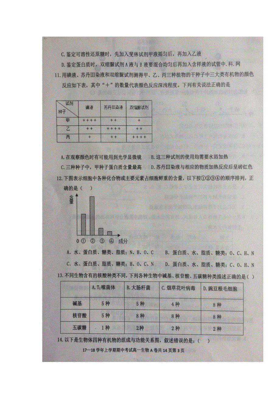 河北省冀州市中学2017-2018学年高一上学期期中考试生物试题 扫描版无答案.doc_第3页