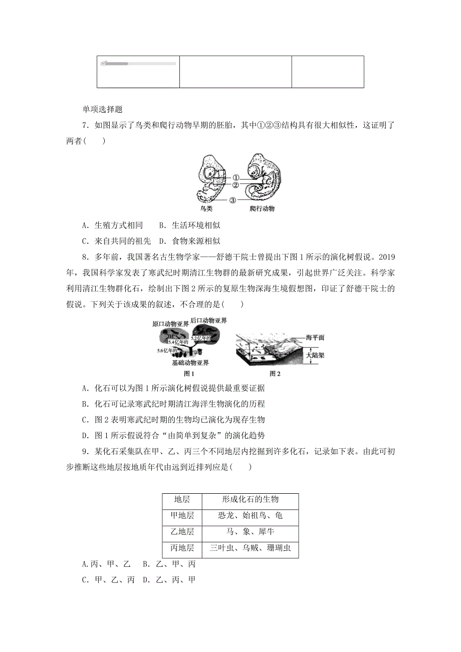 2020-2021学年新教材高中生物 第六章 生物的进化 第1节 生物有共同祖先的证据课时作业（含解析）新人教版必修2.doc_第2页