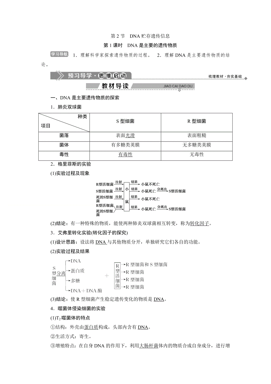 2019-2020学年北师大版生物必修二新素养同步讲义：第2章 第2节第1课时　DNA是主要的遗传物质 WORD版含答案.doc_第1页