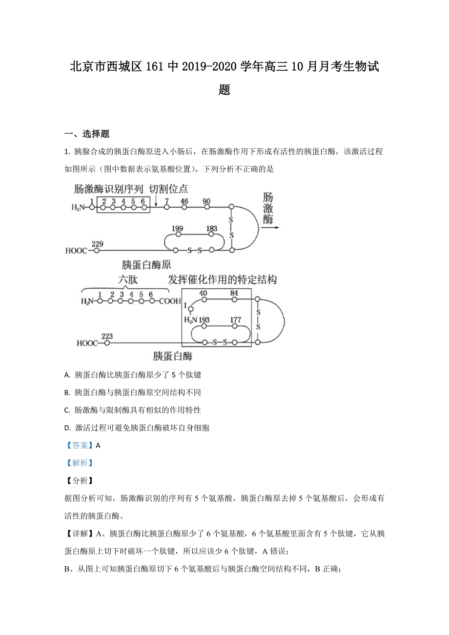 北京市西城区161中2020届高三10月月考生物试题 WORD版含解析.doc_第1页