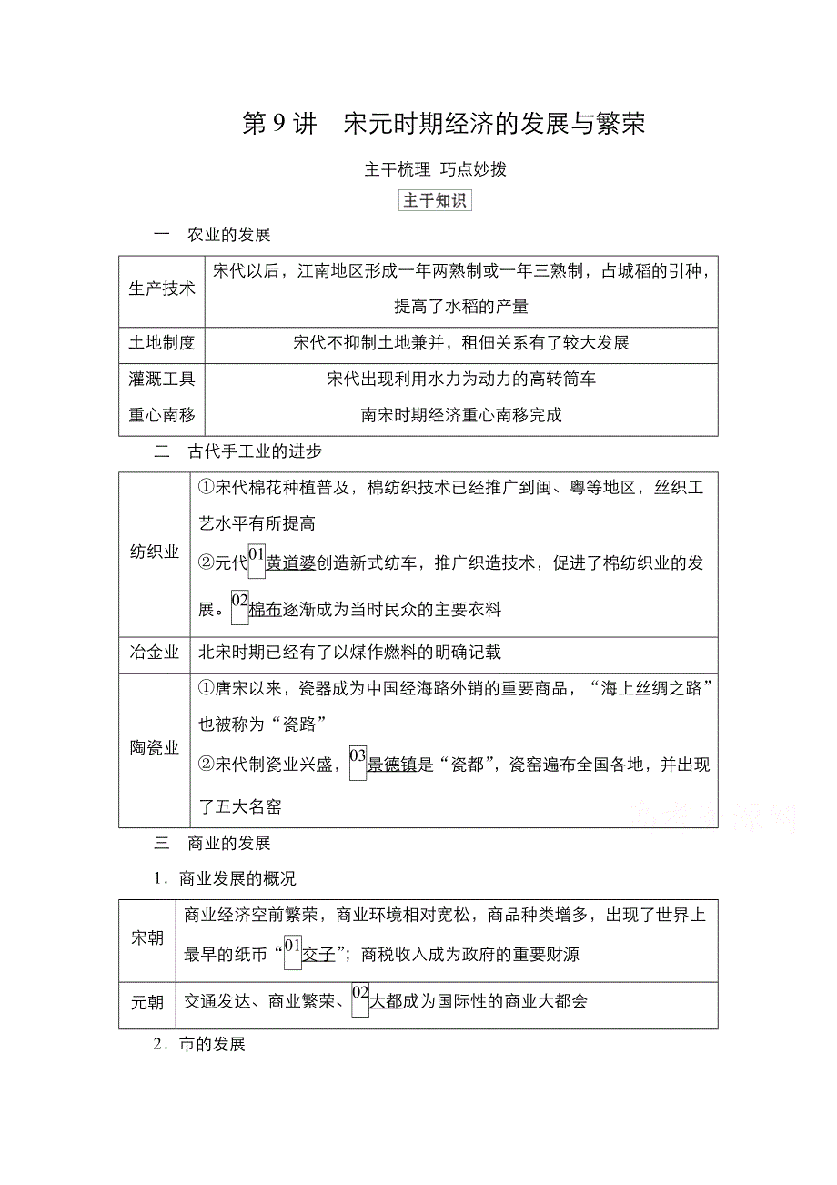 2021新高考历史（通史版）择性考试一轮复习学案：第4单元 第9讲　宋元时期经济的发展与繁荣 WORD版含解析.doc_第1页