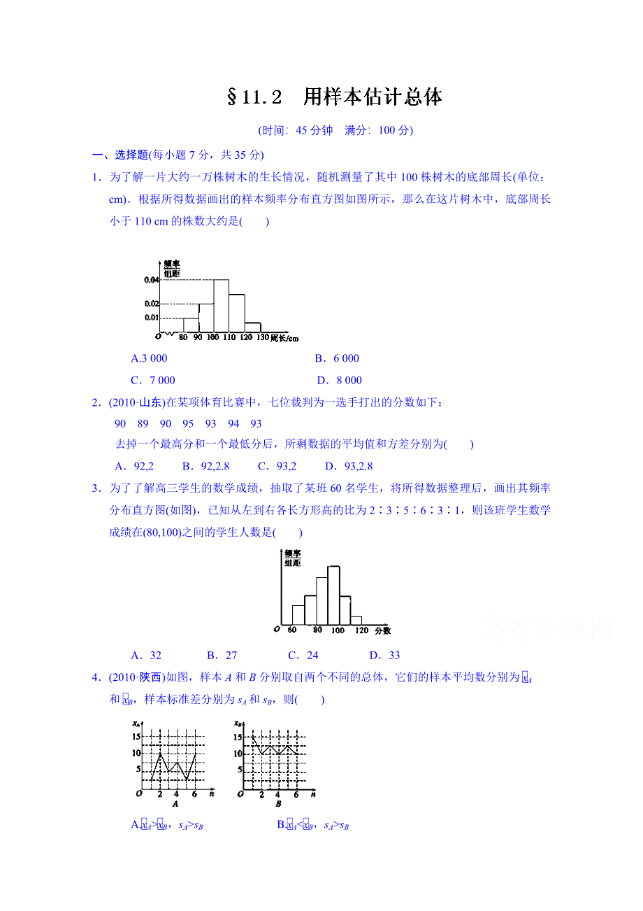 天津市塘沽区紫云中学2014届高三数学总复习习题 11.2用样本估计总体.doc_第1页