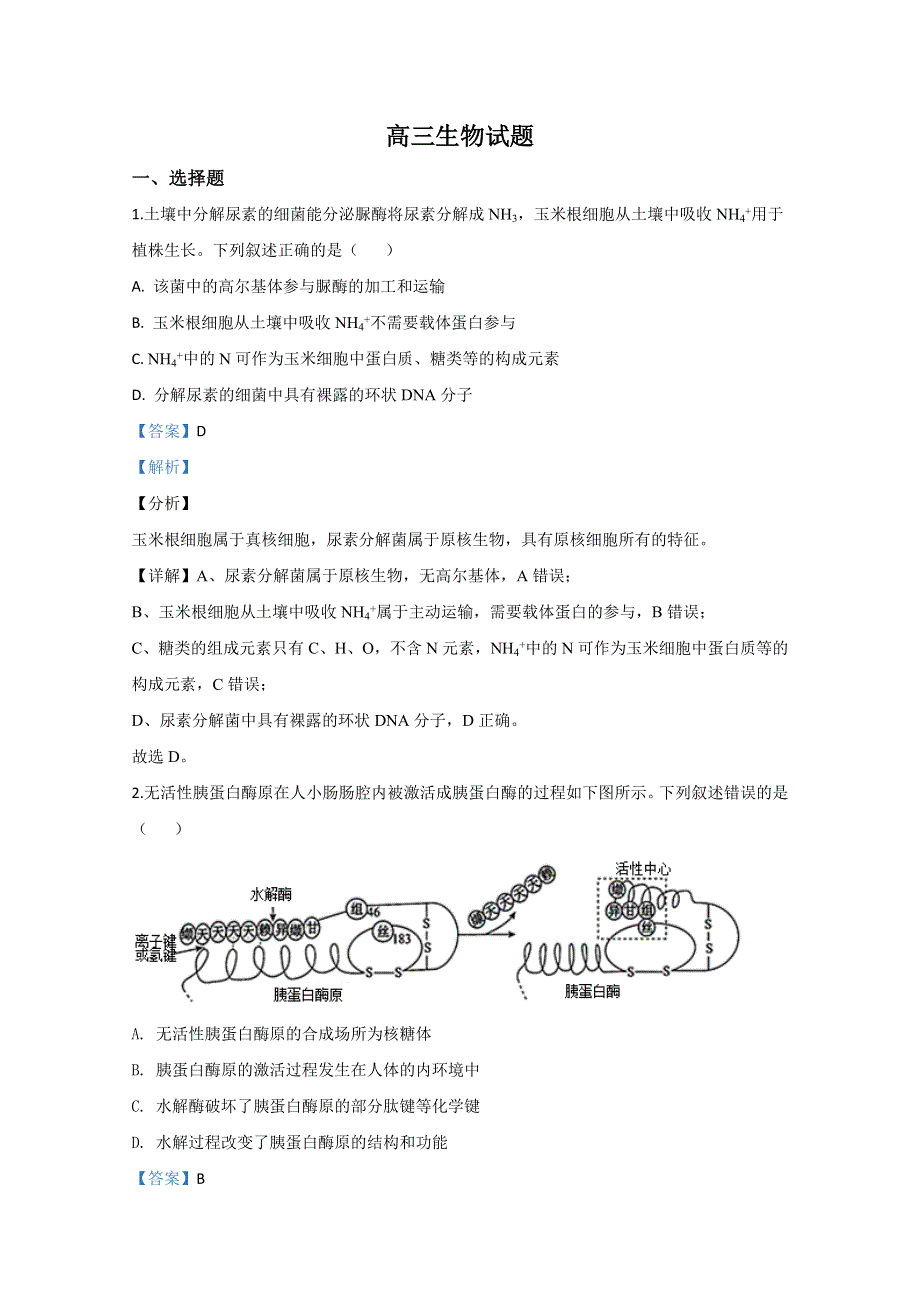 山东省潍坊市昌乐县2020届高三4月模拟生物试题 WORD版含解析.doc_第1页