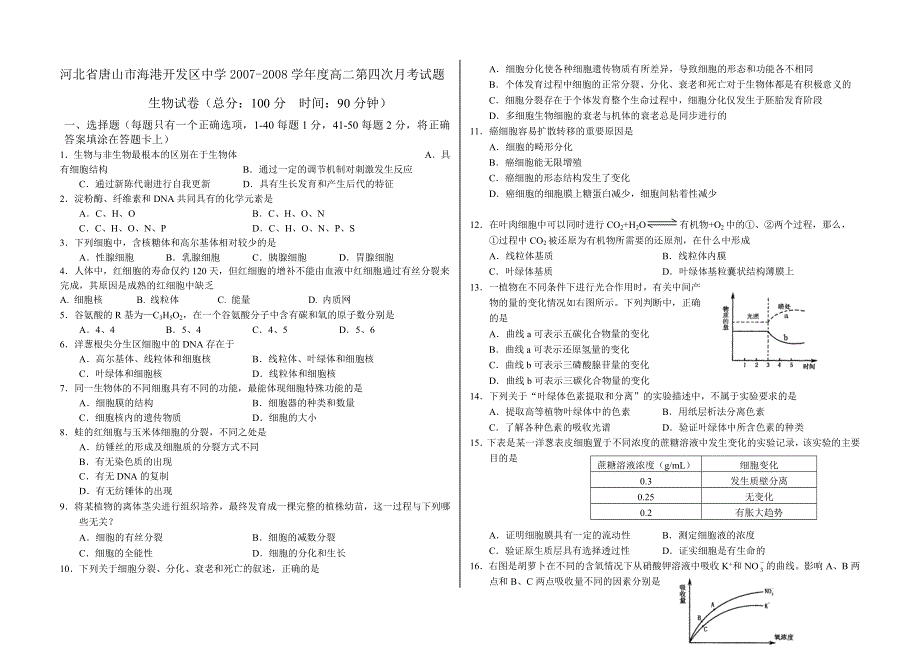 河北唐山海港开发区中学07-08学年高二第四次月考（生物）.doc_第1页