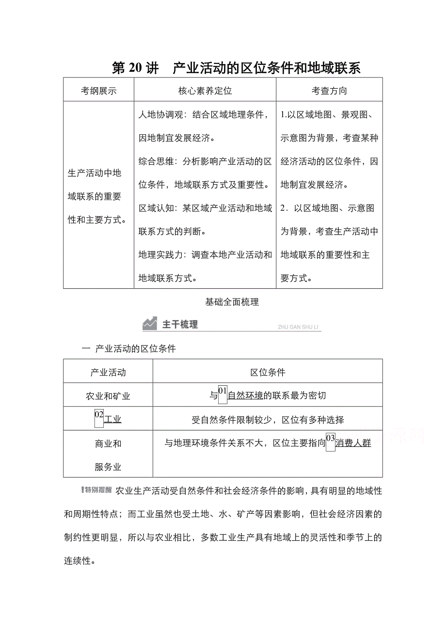 2021新高考地理一轮复习方案湘教版教学案 练习：第20讲　产业活动的区位条件和地域联系 WORD版含解析.doc_第1页