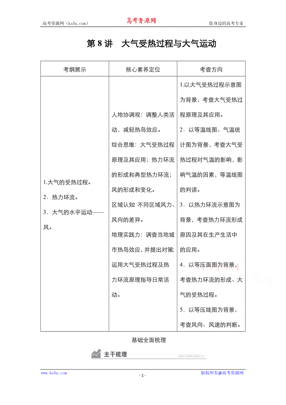 2021新高考地理一轮复习方案湘教版教学案+练习：第8讲　大气受热过程与大气运动 WORD版含解析.doc_第1页