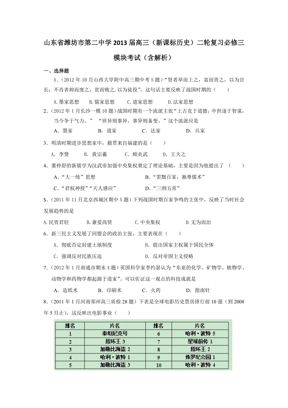 山东省潍坊市第二中学2013届高三历史二轮复习 必修三模块考试 WORD版含解析.doc_第1页