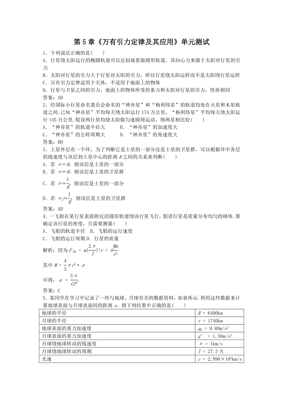 2012高一物理单元测试 第5章 万有引力定律及其应用 41（鲁科版必修2）.doc_第1页