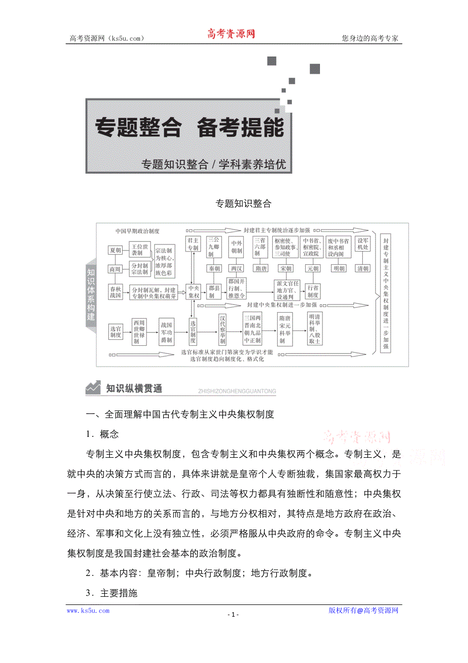 2021新高考历史一轮复习方案人民版教学案+练习：专题1 专题整合 备考提能 WORD版含解析.doc_第1页