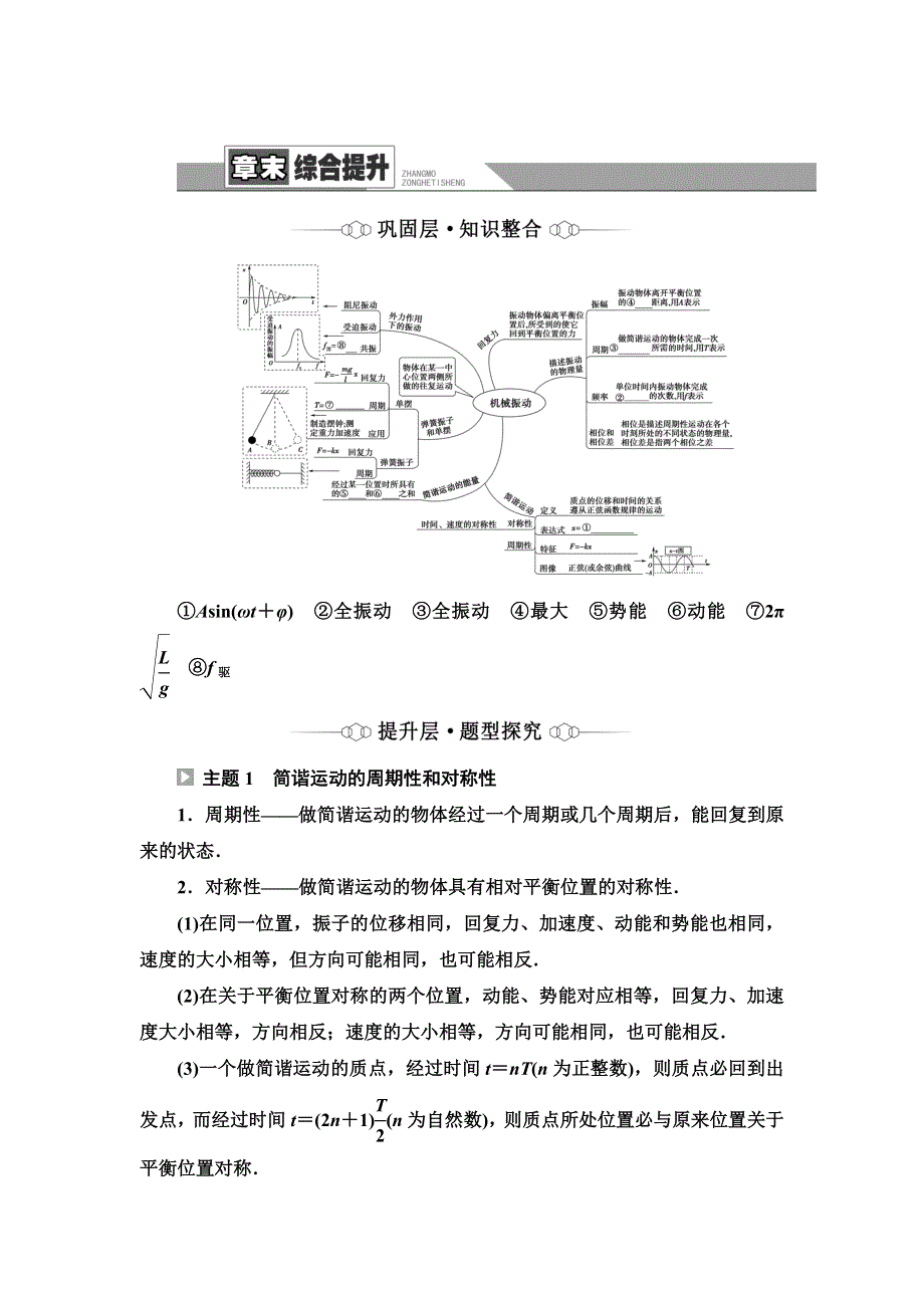 新教材2021秋粤教版物理选择性必修第一册学案：第2章　机械振动 章末综合提升 WORD版含答案.doc_第1页